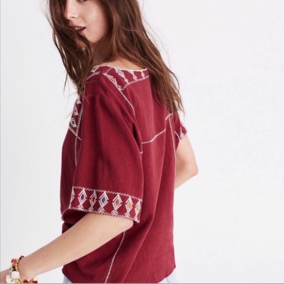 Madewell Embroidered Burgundy Linen Top - Picture 2 of 8